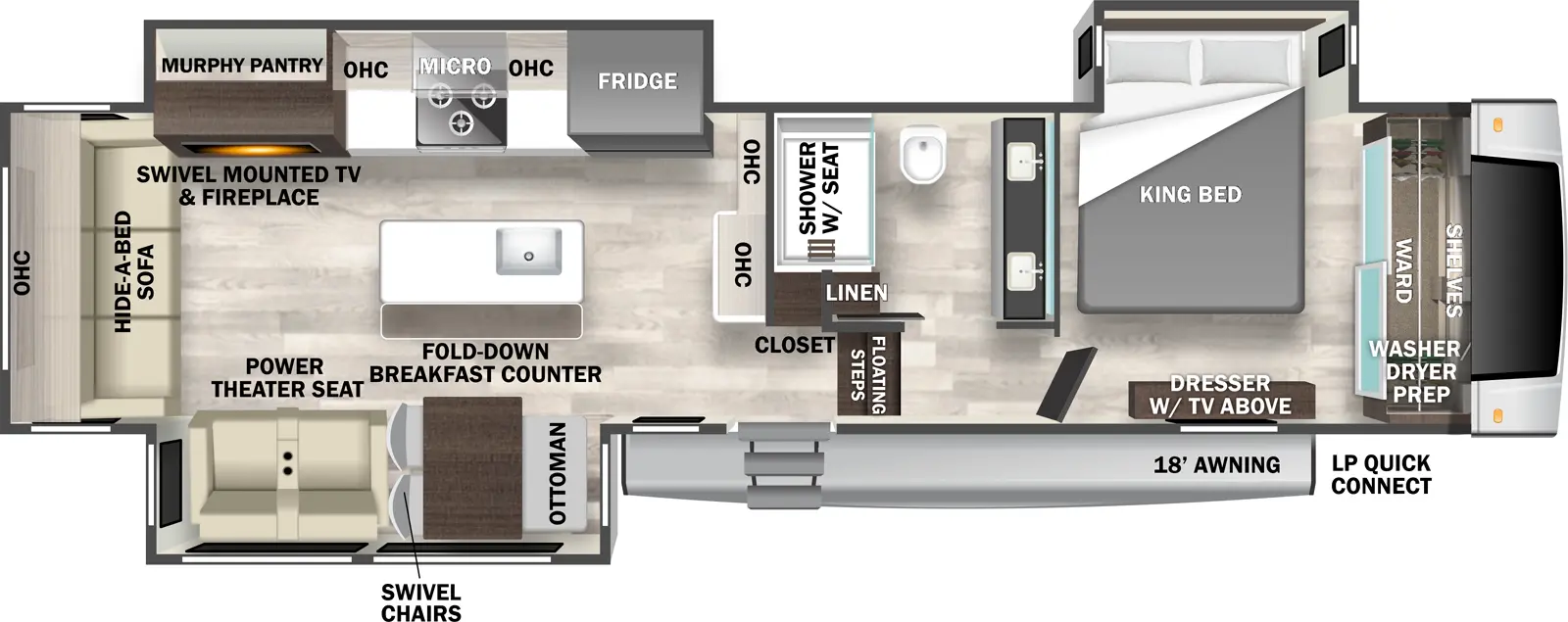 The Cedar Creek 361RL has one entry and three slide outs. Exterior features include: fiberglass exterior and 18' awning. Interiors features include: kitchen island, front bedroom and rear living.